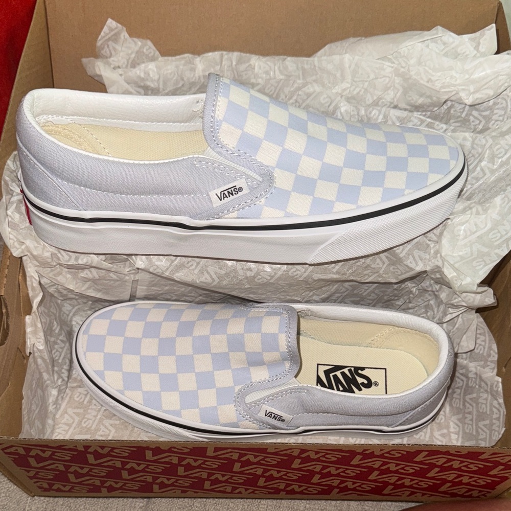 Vans Light Blue and White Checkered Slip-Ons